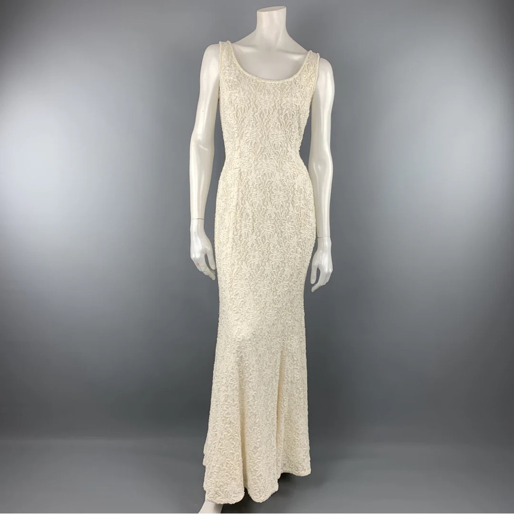 Carmen Marc Valvo Beaded Ivory Lace Maxi Dress